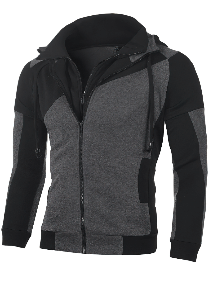 Sports Double Zipper Slim Hoodie for Men in Grey and Black, Patchwork Design, Hooded Collar, Casual Winter Clothing - SF0298